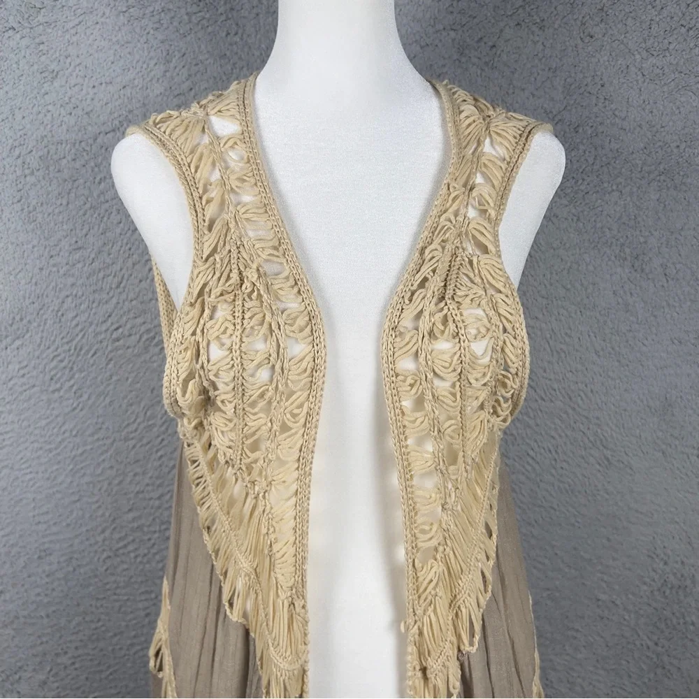 Umgee Cardigan Vest Womens Medium Brown Open Front Macrame Crochet Boho Long - Picture 2 of 7